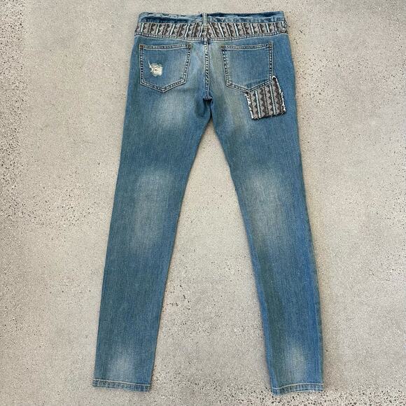 Free People Distressed Skinny Jeans with Baja / Aztec Patches - Picture 3 of 7
